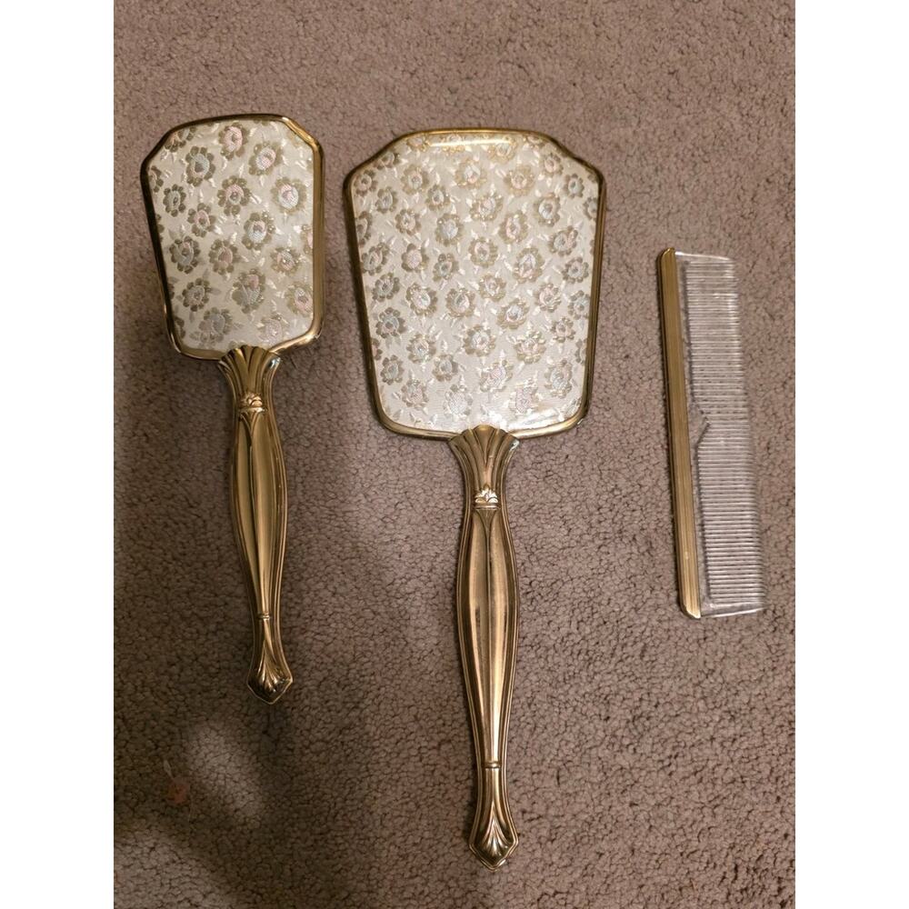Vintage 3 Pc Vanity Set Hand Mirror Hair Brush Comb Gold Tone Floral Mid Century